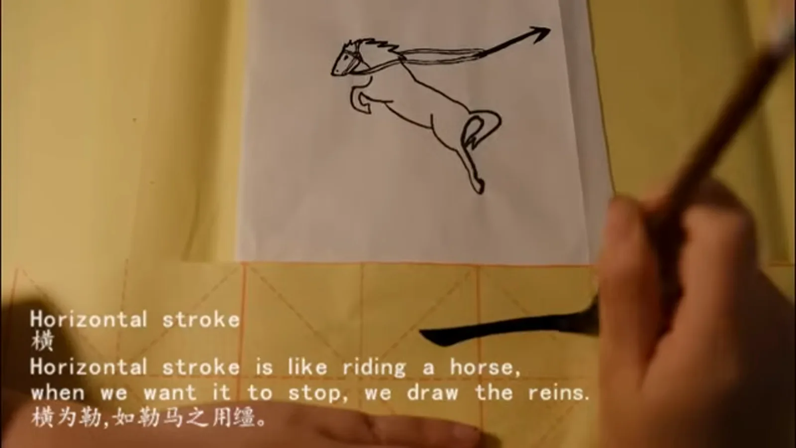 a horizontal brush stroke heng drawn next to a running-horse sketch illustrating the rein-check finish of the stroke