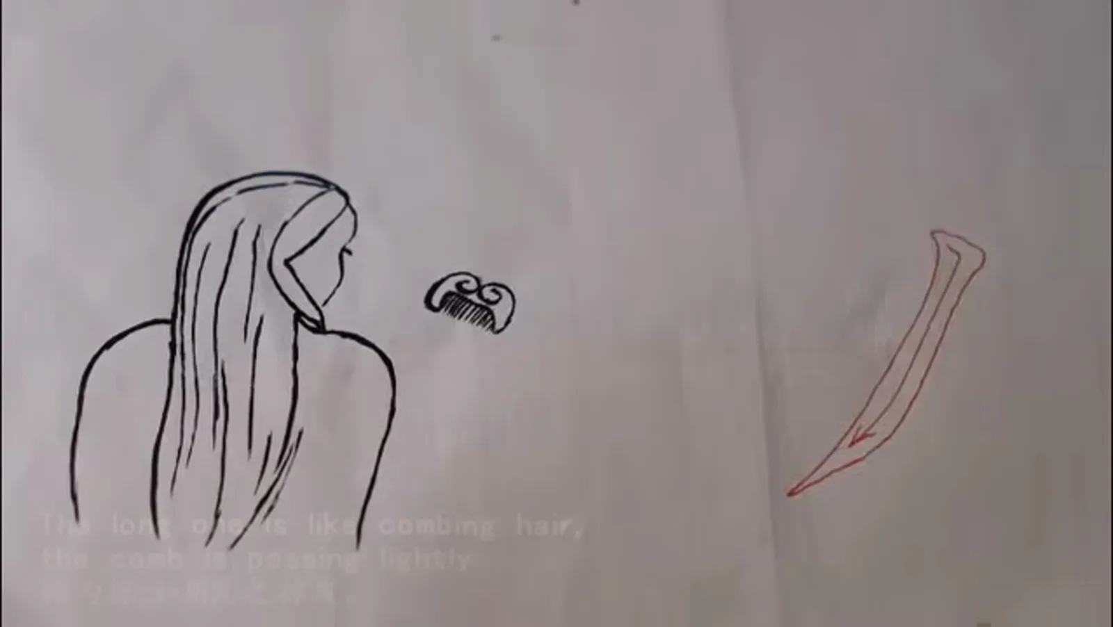 a long left-falling stroke pie tapering outward beside a sketch of hair being combed demonstrating the brush movement