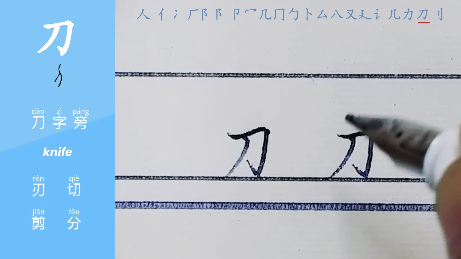 the knife radical dao drawn as a blade shape with its upright two-stroke form on the right edge of Chinese characters on a radicals lesson screen