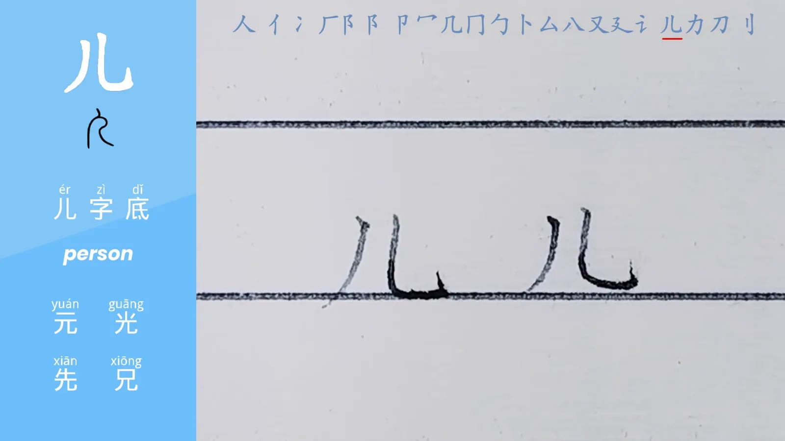 the legs radical er placed at the foot of warm Chinese name characters traced stroke by stroke on a lesson slide with its example characters