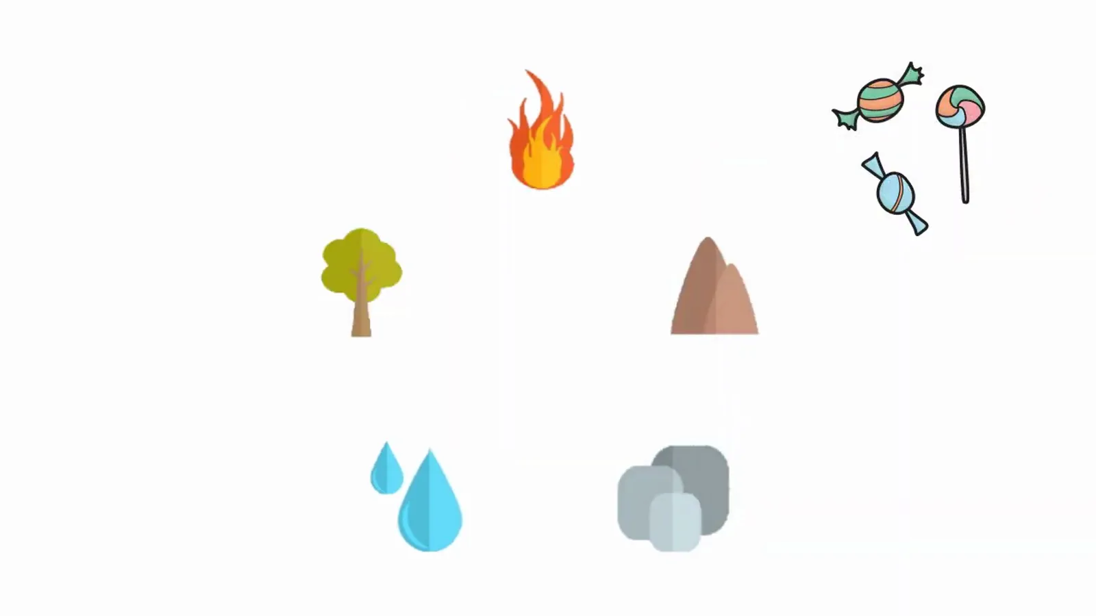 Candy and sweets drawn above the earth element icons to show how sugar cravings and fast food create excess earth and dampness in the five element system