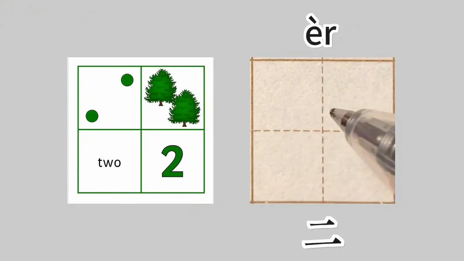 Character san meaning three built from three horizontal strokes in which the bottom line is the longest, shown mid-writing in a practice square