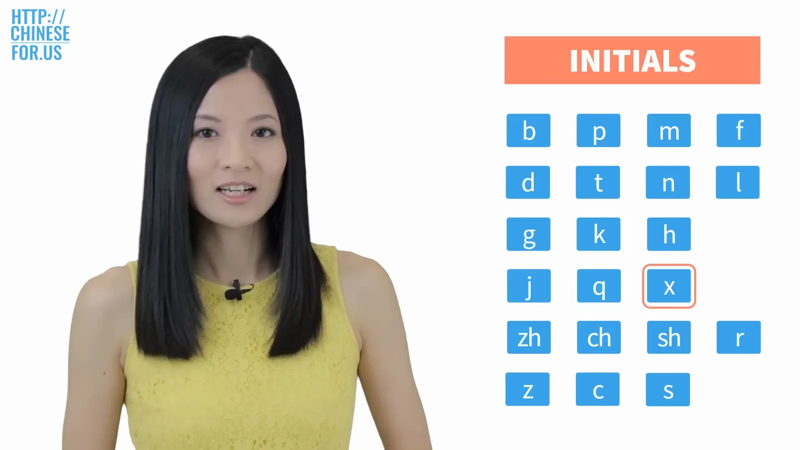 Chart of the 21 Mandarin pinyin initials from b p m f through z c s with the letter x highlighted during a pronunciation lesson