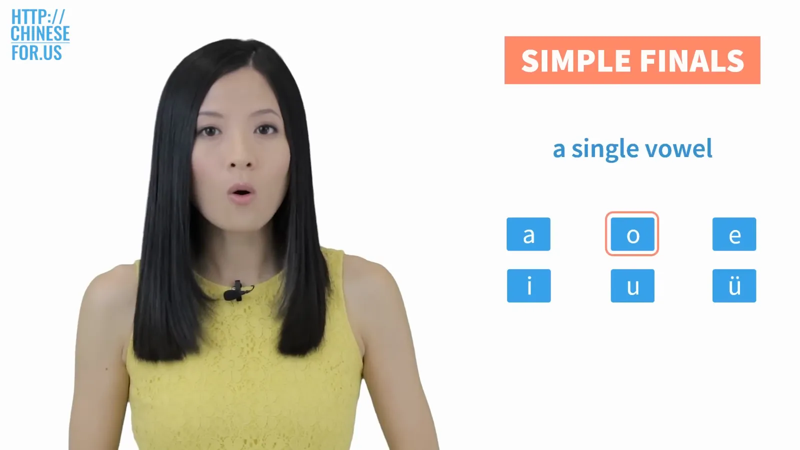 The six simple Mandarin pinyin finals a o e i u ü shown as single basic vowels with the letter o highlighted in a pronunciation lesson