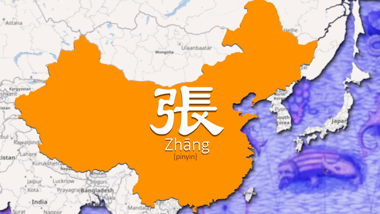 A map of China marking the Zhang surname and its southern Chang variant, one surname romanized three different ways