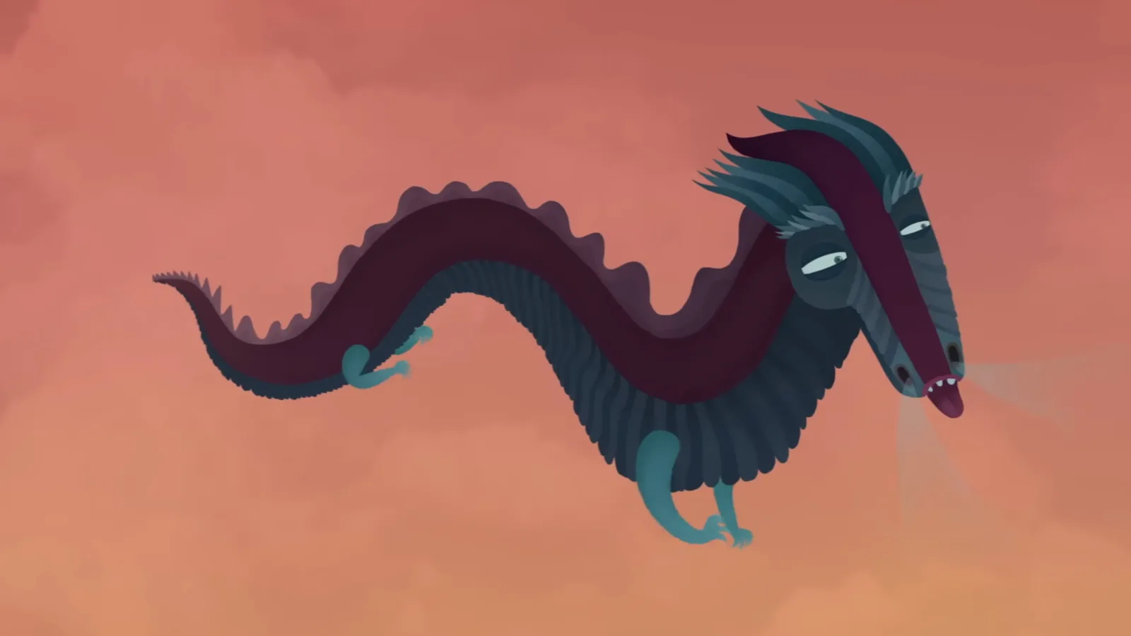 The Chinese zodiac dragon flying over the river after stopping to help creatures in need, landing fifth place in the Great Race The Chinese zodiac dragon flying over the river after stopping to help creatures in need, landing fifth place in the Great Race