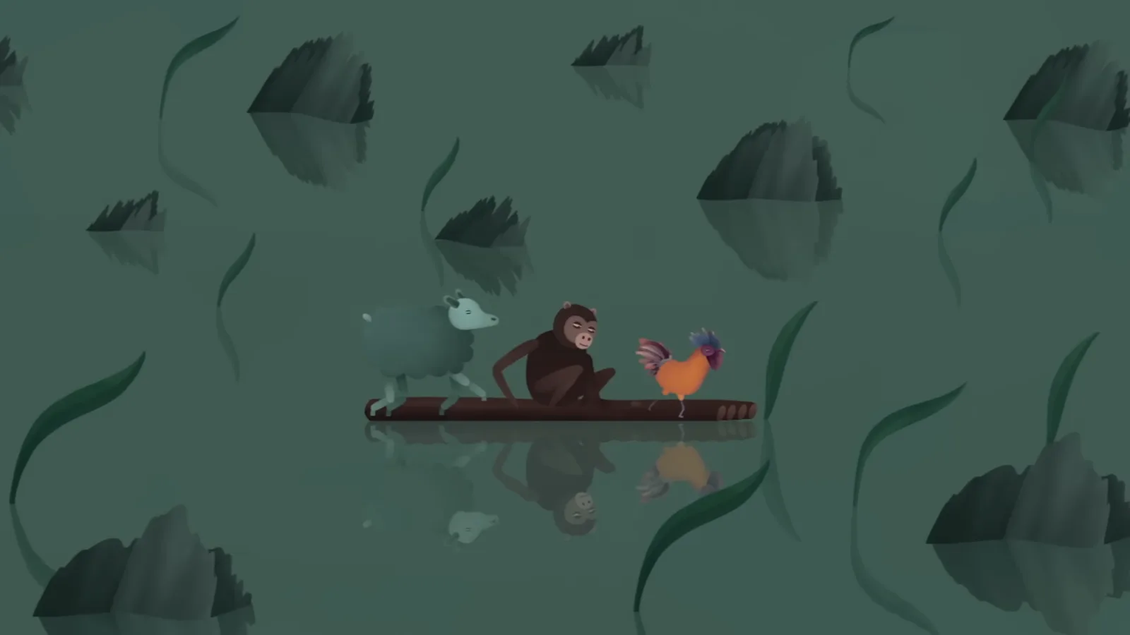 The goat, monkey and rooster crossing the river together on a raft in the Chinese zodiac story, taking eighth, ninth and tenth place The goat, monkey and rooster crossing the river together on a raft in the Chinese zodiac story, taking eighth, ninth and tenth place