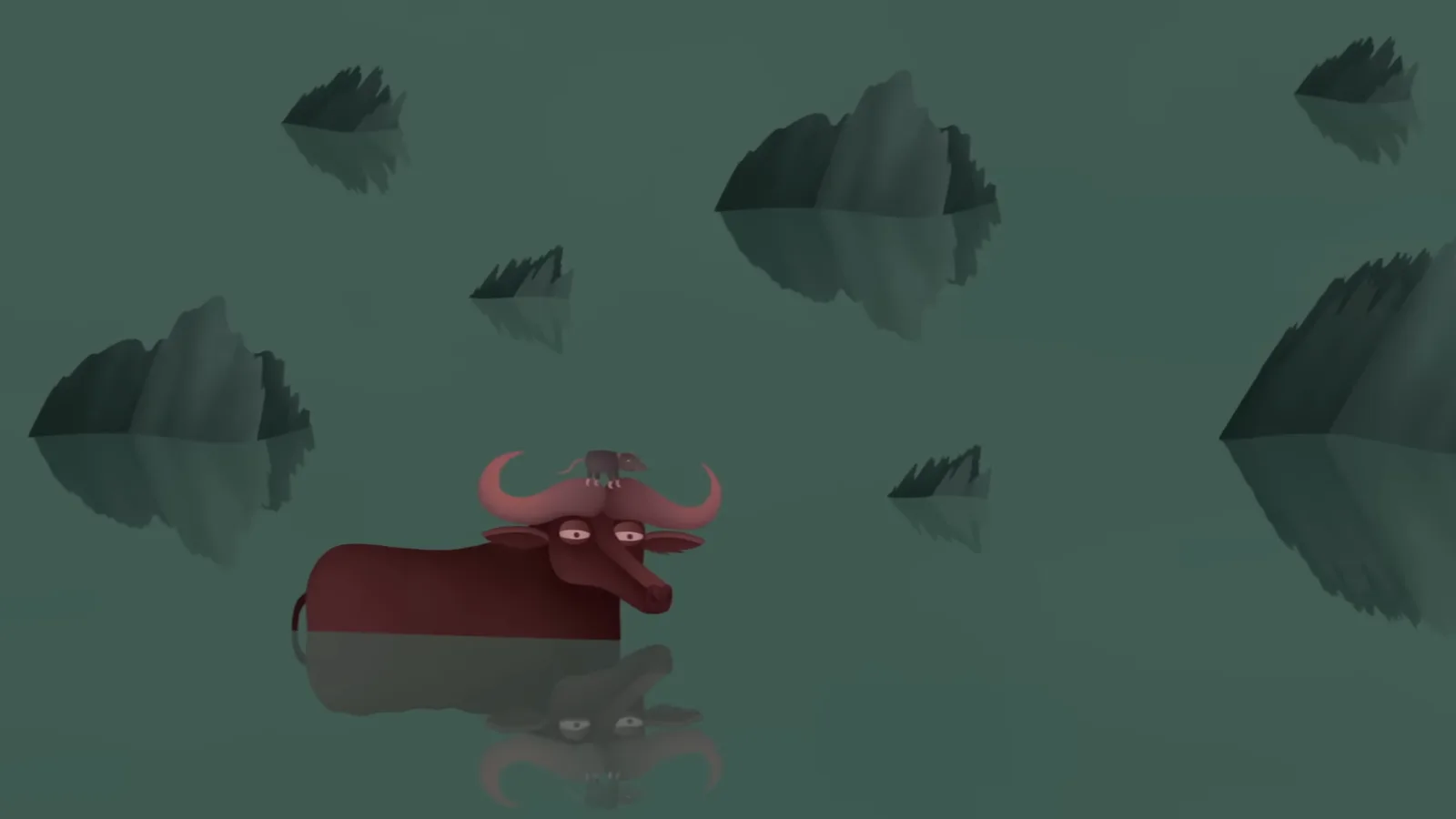 The kind ox swimming across the river in the Chinese zodiac Great Race story, carrying the rat on its way to the Jade Emperor's finish line The kind ox swimming across the river in the Chinese zodiac Great Race story, carrying the rat on its way to the Jade Emperor's finish line