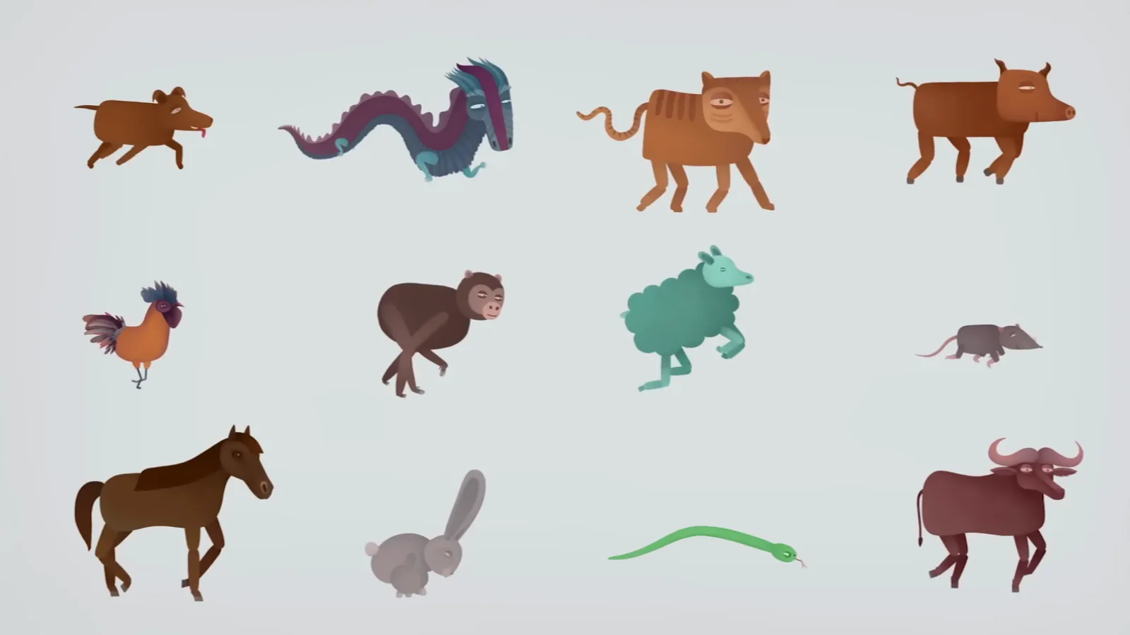 All 12 Chinese zodiac animals lined up together — rat, ox, tiger, rabbit, dragon, snake, horse, goat, monkey, rooster, dog and pig All 12 Chinese zodiac animals lined up together — rat, ox, tiger, rabbit, dragon, snake, horse, goat, monkey, rooster, dog and pig