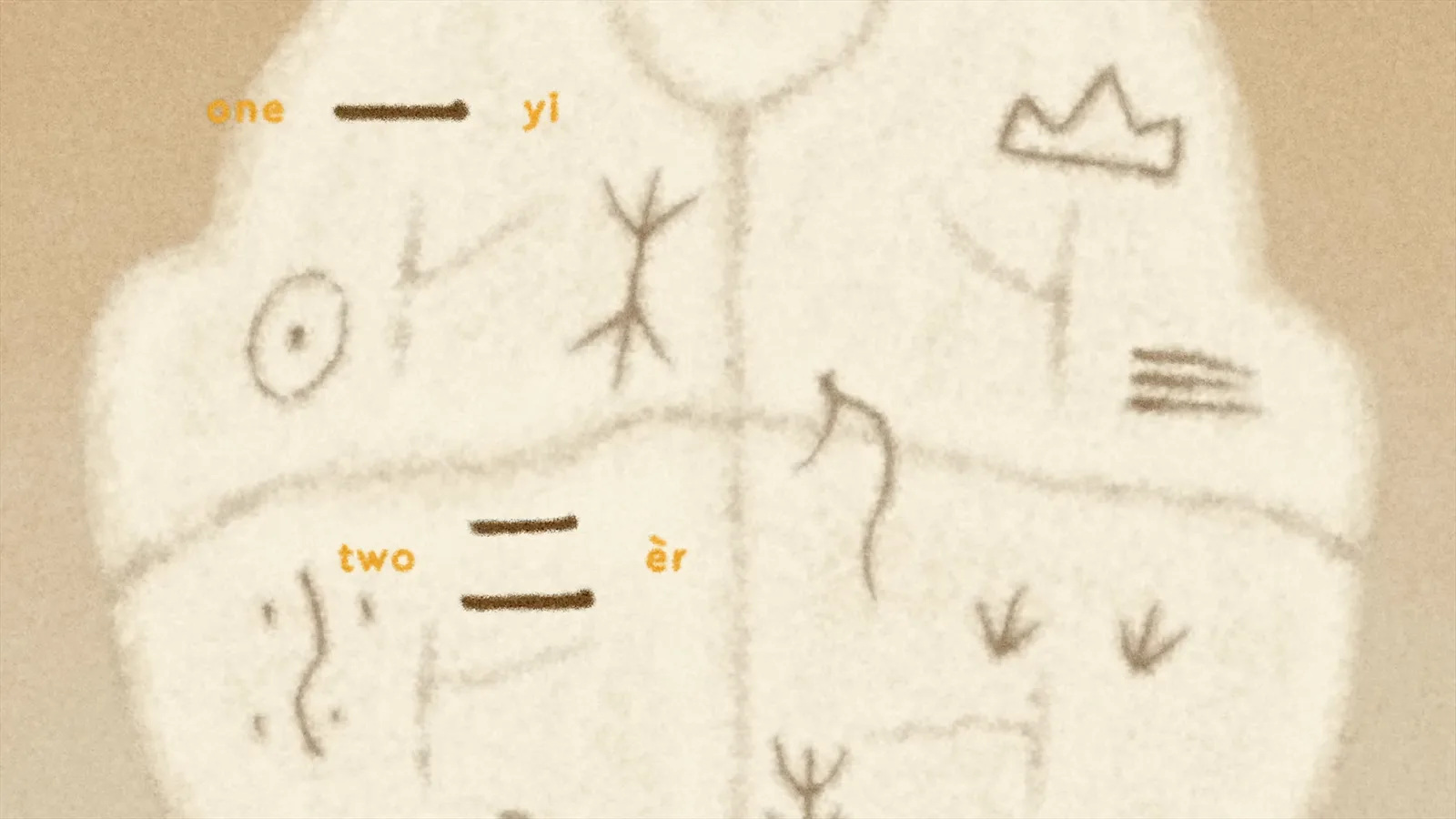Chinese ideogram numbers yi 一 and er 二 marked on an oracle shell, showing how abstract ideas are written with counted strokes