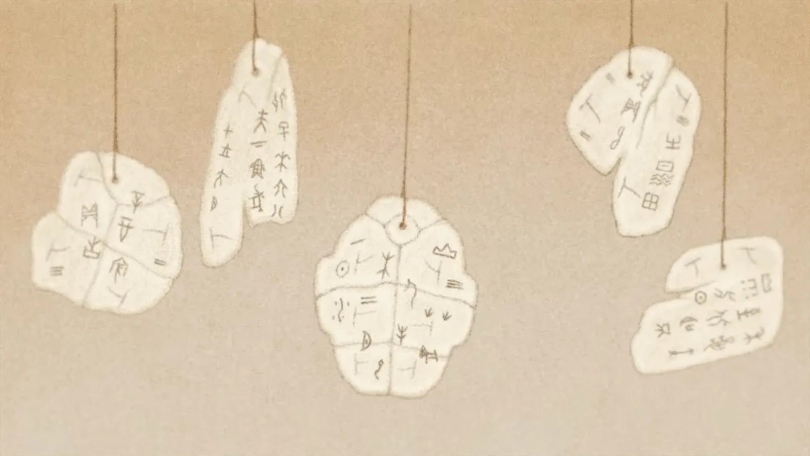 Ox bones and turtle shells etched with the earliest Chinese characters of the Shang dynasty oracle bone script, dated around 1250 to 1050 BCE